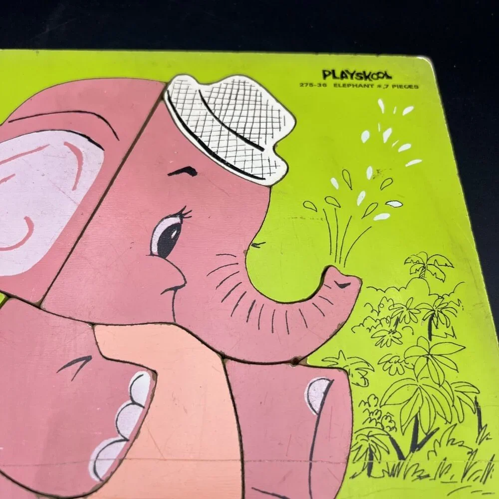 Vintage Green Playskool 275-36 Pink Elephant Wooden Puzzle